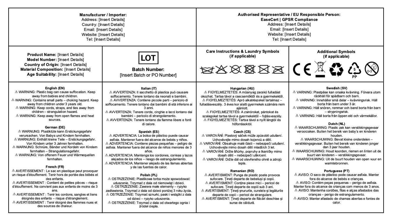 GPSR-style compliant product safety label